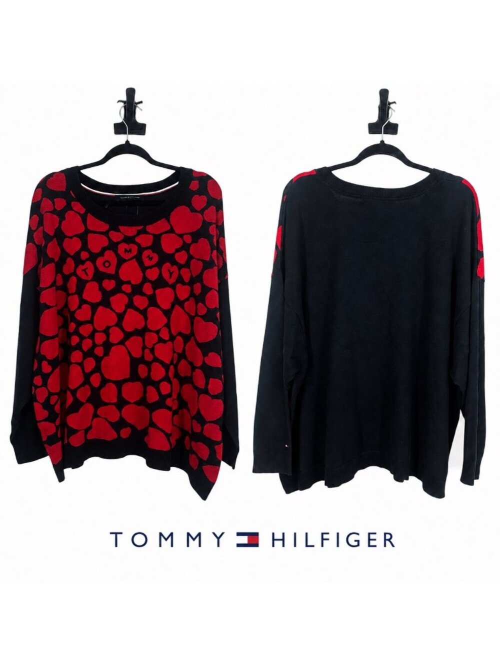 Tommy Hilfiger Sweater 3X Plus Navy Red Heart Crewneck Pullover Coquette Preppy